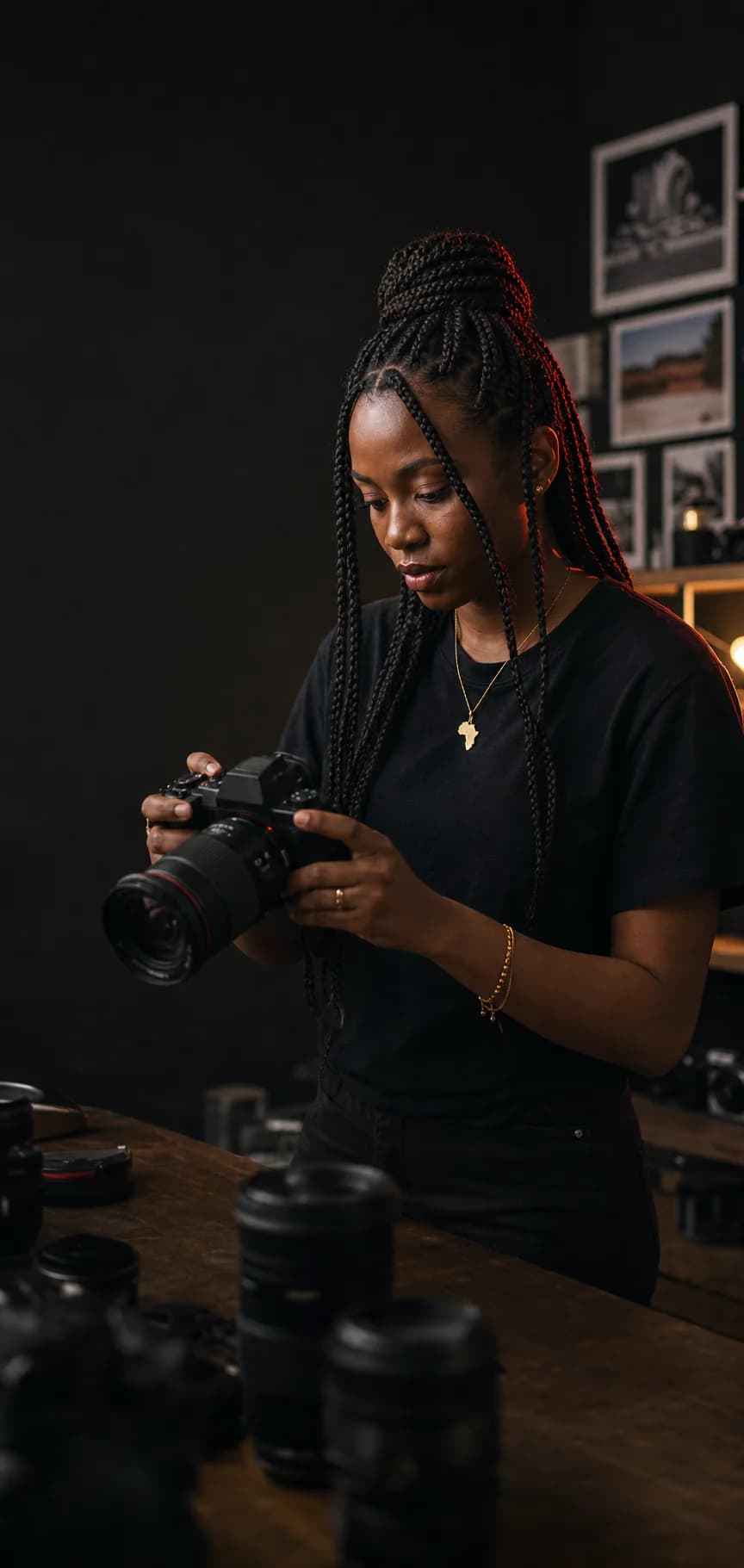 Photographe préparant son appareil dans son studio